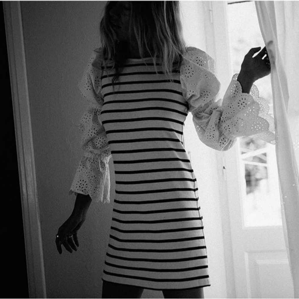 Sea NY Stripe Eyelet Lace Sleeve Summer Shift Dress XS